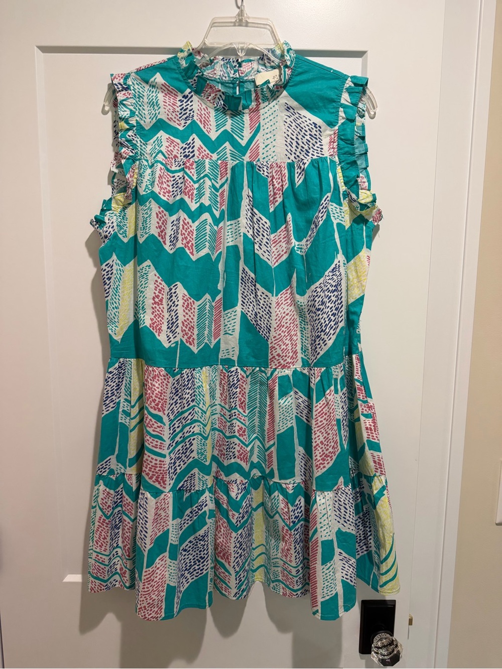 Pinch Teal Multi-Print Ruffle Neck Sleeveless Dress Size Large